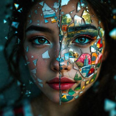 The primary subject of the image is a woman with a unique and artistic appearance. She has a face painted with a collage of different pictures, creating a visually striking effect. The setting is a close-up of her face, and the visual style is a combination of photo and digital art. The colors and mood of the image are vibrant and creative, showcasing the woman's individuality and artistic expression.